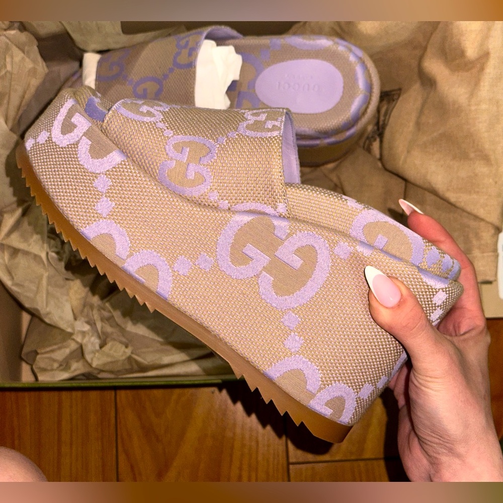 GUCCI MONOGRAM PLATFORM SANDALS (NWT)